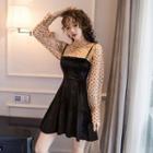 Set: Long-sleeve Dotted Top + Spaghetti Strap Dress