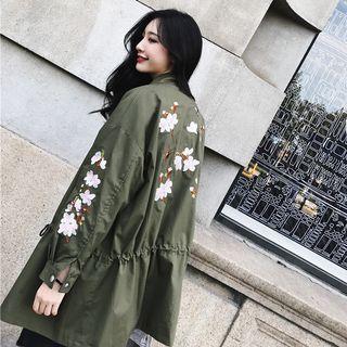 Drawstring Embroidered Long Zip Jacket