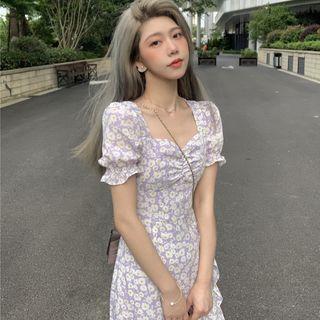 Puff-sleeve Asymmetrical Hem Floral Midi Bodycon Dress