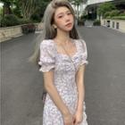 Puff-sleeve Asymmetrical Hem Floral Midi Bodycon Dress