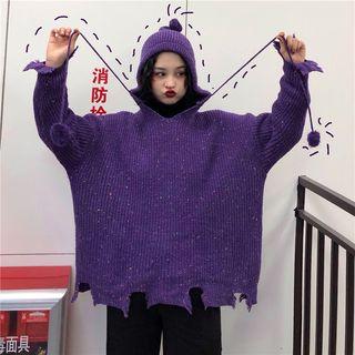 Pom-pom Accent Knit Hoodie Purple - One Size
