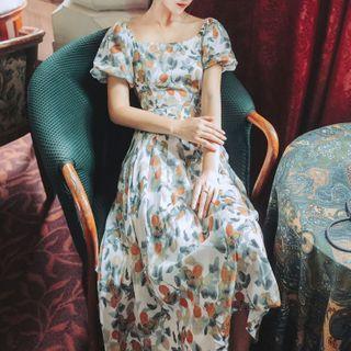 Puff-sleeve Orange Print Midi A-line Dress