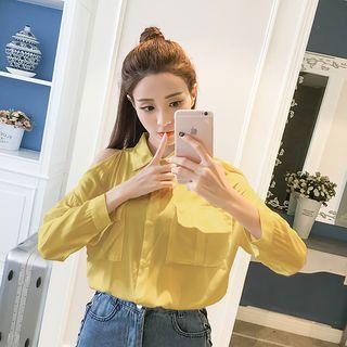 Long-sleeve Asymmetric Cutout Shoulder Blouse
