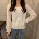 Puff-sleeve Lace Panel Knit Top White - One Size