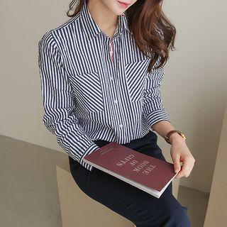 Dual-pocket Contrast-trim Striped Shirt