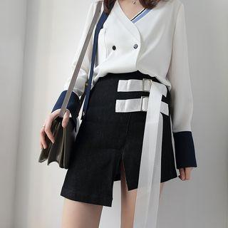 Belted Asymmetrical Mini Denim Skirt