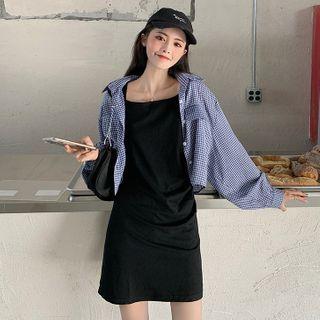 Plaid Cropped Shirt / Spaghetti-strap Mini A-line Dress