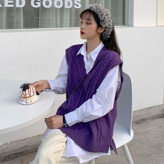 Plain Shirt / V-neck Cable Knit Vest / Set
