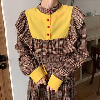 Plaid Ruffled Long-sleeve A-line Midi Dress Floral - One Size