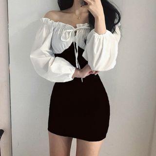 Long-sleeve Frill Trim Two-tone Mini Bodycon Dress