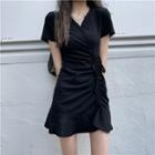 Plain V-neck Drawstring Mini Dress Black - One Size