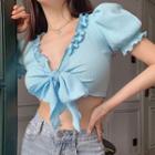 Short-sleeve Ruffle Crop Top Blue - One Size