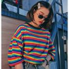 Rainbow Stripe Elbow-sleeve T-shirt As Shown In Figure - One Size