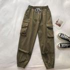 Plain High-waist Lace-up Cargo Pants Green - One Size