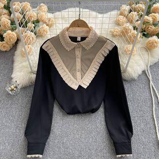 Long-sleeve Lapel Lace Panel Mesh Color Block Top