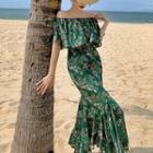Off-shoulder Floral Print Ruffle Hem Midi Sheath Dress