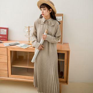 Long-sleeve Ruffled Placket Midi Pleated Dress