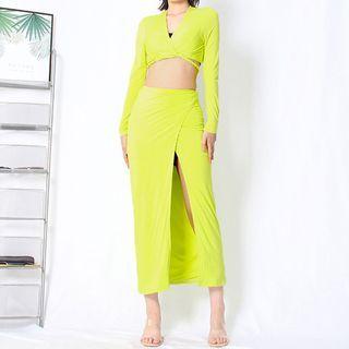 Set: V-neck Long-sleeve Crop Top + Slit Midi Pencil Skirt