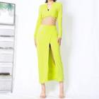 Set: V-neck Long-sleeve Crop Top + Slit Midi Pencil Skirt