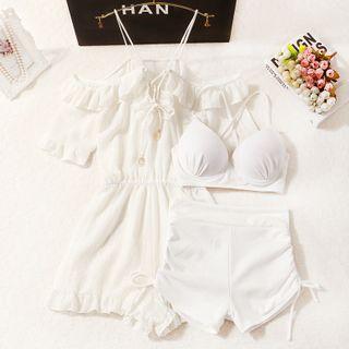Set: Plain Bikini + Embroidered Lace-up Cover-up