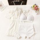 Set: Plain Bikini + Embroidered Lace-up Cover-up