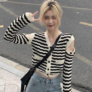 Cold Shoulder Striped Cardigan Black & Beige - One Size