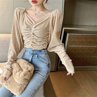 Faux Pearl Detail V-neck Ruched Velvet Top