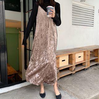 Turtleneck Long-sleeve T-shirt / Maxi Velvet Pinafore Dress