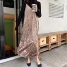 Turtleneck Long-sleeve T-shirt / Maxi Velvet Pinafore Dress