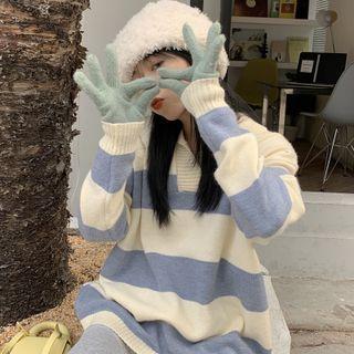 Open-placket Striped Sweater