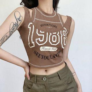 Mock Two-piece Asymmetrical Numbering Crop Tank Top