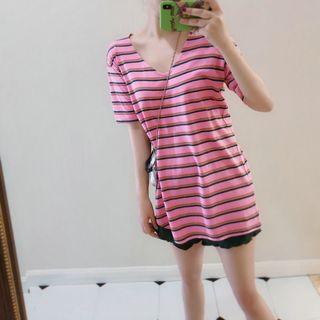 Rainbow-stripe V-neck Short-sleeve Split T-shirt