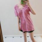 Rainbow-stripe V-neck Short-sleeve Split T-shirt