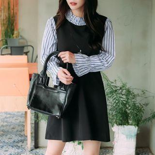 Stand-collar Panel Long-sleeve Dress