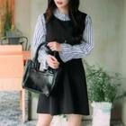 Stand-collar Panel Long-sleeve Dress