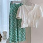 Set: Short-sleeve Top + Plaid Midi A-line Skirt