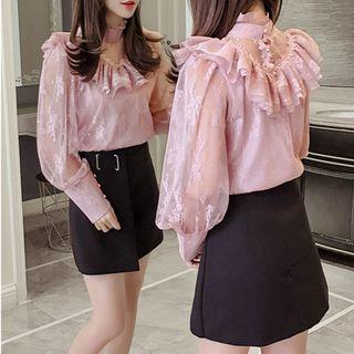 Long-sleeve Ruffle Trim Mesh Panel Blouse