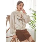 Frill-edge Embroidered Faux-fur Pullover