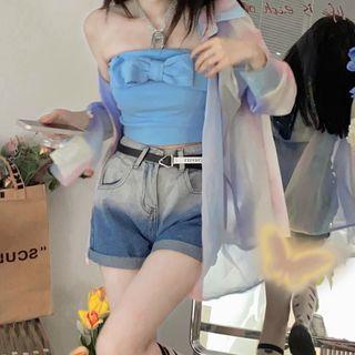 Bow Tube Top / Sheer Shirt Jacket / Gradient Denim Shorts