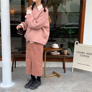 Plain Sweater / Long-sleeve Shirt / Corduroy Slit Midi Skirt