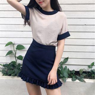 Panel Short-sleeve Chiffon Top / Mini Skirt