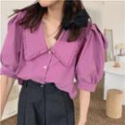 Puff-sleeve V-neck Blouse Rose Purple - One Size