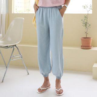 Band-waist Chambray Jogger Pants Light Blue - One Size