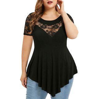 Short-sleeve Lace Panel Peplum Top