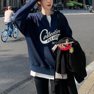 Long-sleeve Round-neck Lettering Zip Sweatshirt