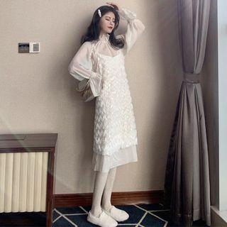 Set: Ruffled Long-sleeve Midi A-line Dress + Spaghetti Strap Fringed Pinafore Dress