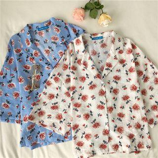 Elbow-sleeve Floral Shirt / Wide Leg Pants