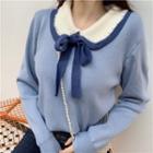 Long-sleeve Faux Pearl Trim Collared Bow Knit Top