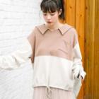 Two-tone Collared Pullover Khaki - One Size