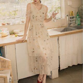 Star Embroidered Cutaway-shoulder Layered Dress